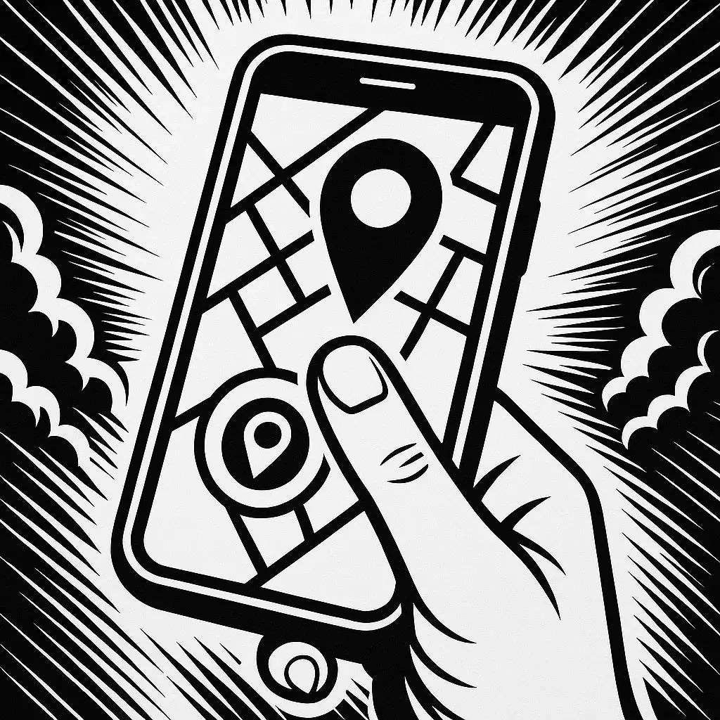 Hand hält Smartphone mit Karte und großem Standort-Pin