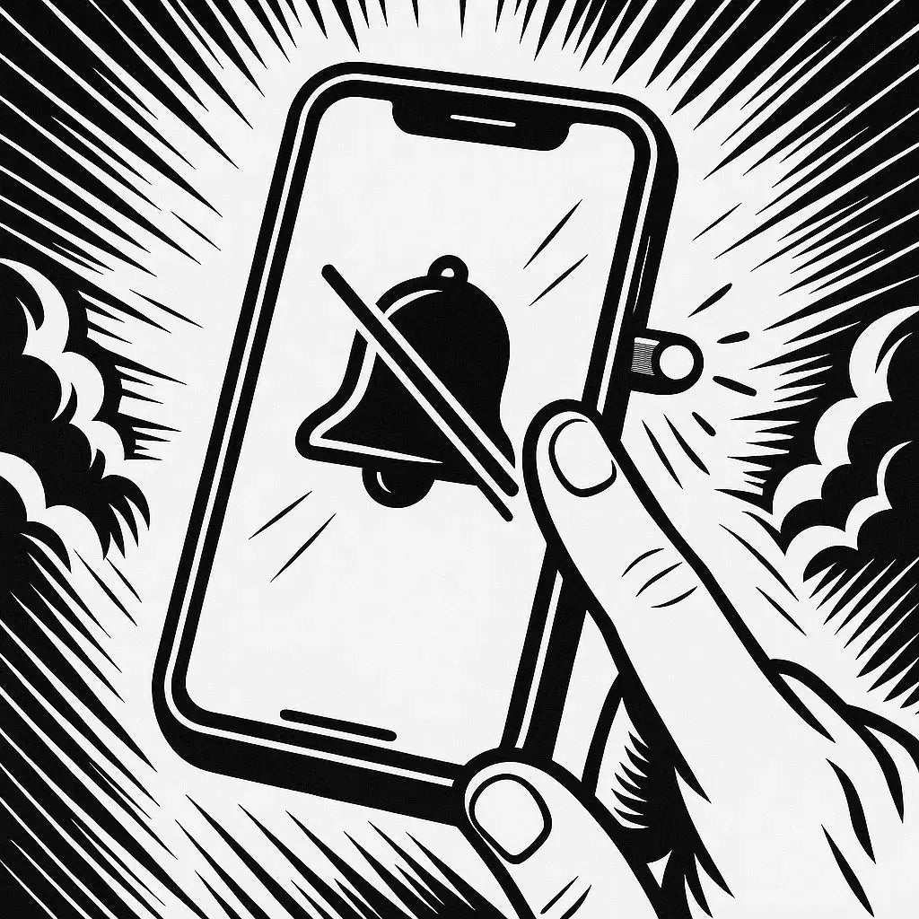 Hand schaltet Smartphone stumm, durchgestrichene Glocke im Display