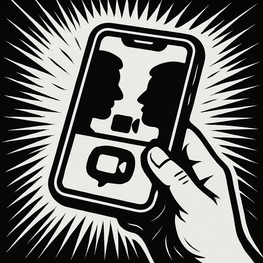 Hand hält Smartphone, zwei Gesichter im WhatsApp-Videoanruf