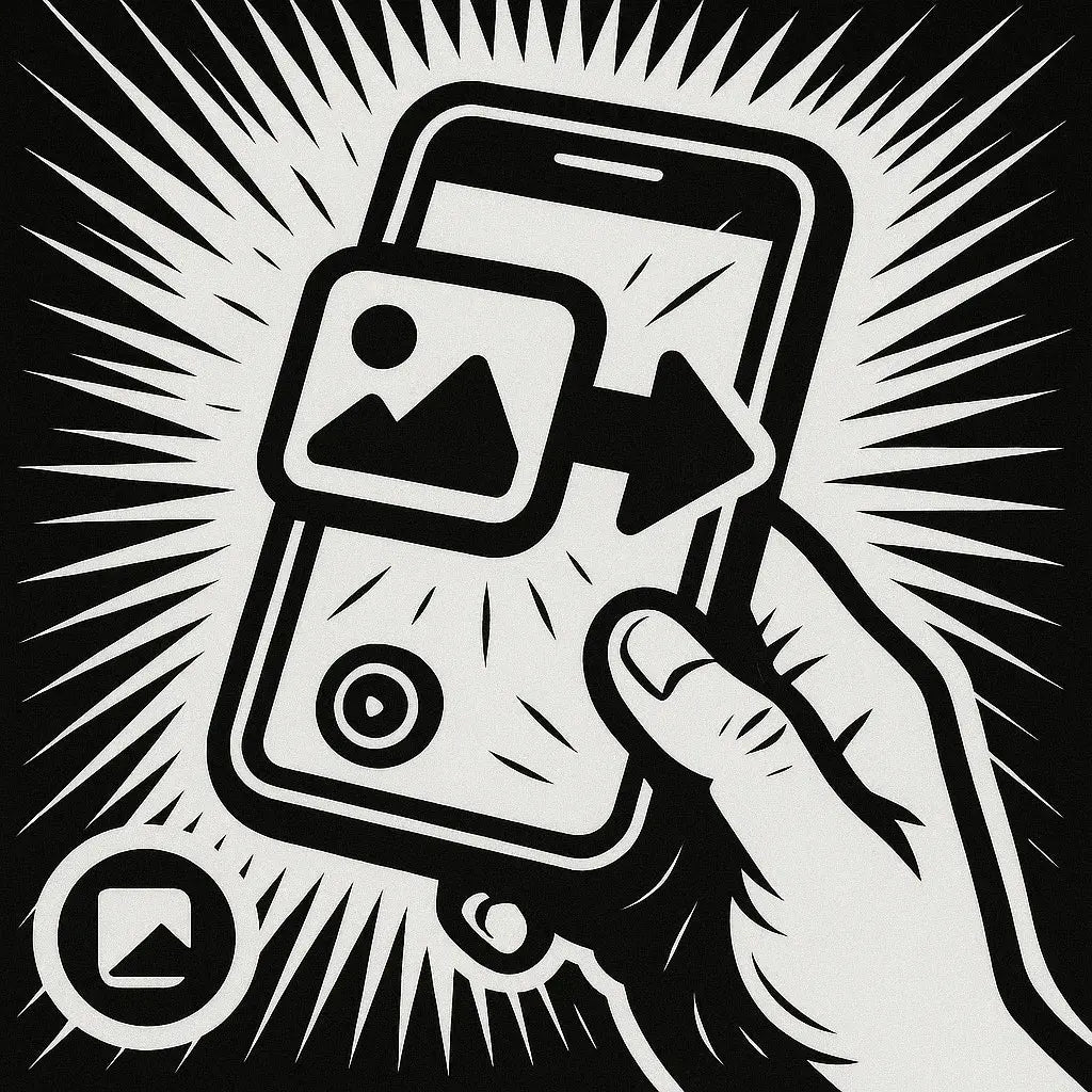 Hand hält Smartphone, Foto-Symbol mit Pfeil zum Senden
