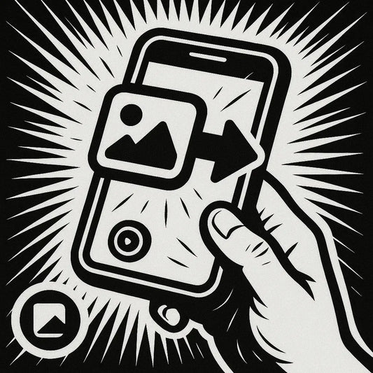 Hand hält Smartphone, Foto-Symbol mit Pfeil zum Senden
