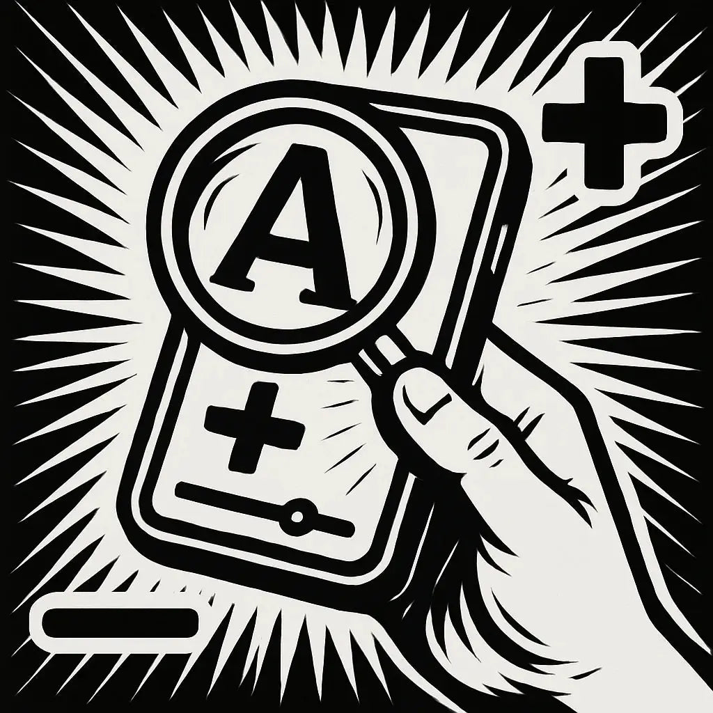 Hand hält Smartphone, Lupe vergrößert Buchstabe A und Plus-Symbol