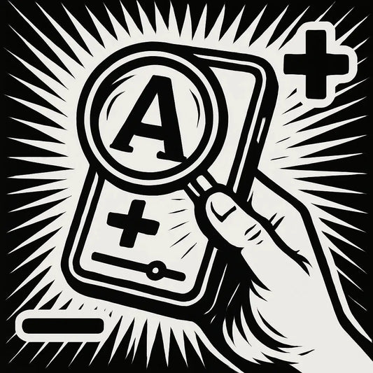 Hand hält Smartphone, Lupe vergrößert Buchstabe A und Plus-Symbol