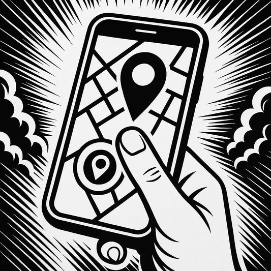 Hand hält Smartphone mit Karte und großem Standort-Pin