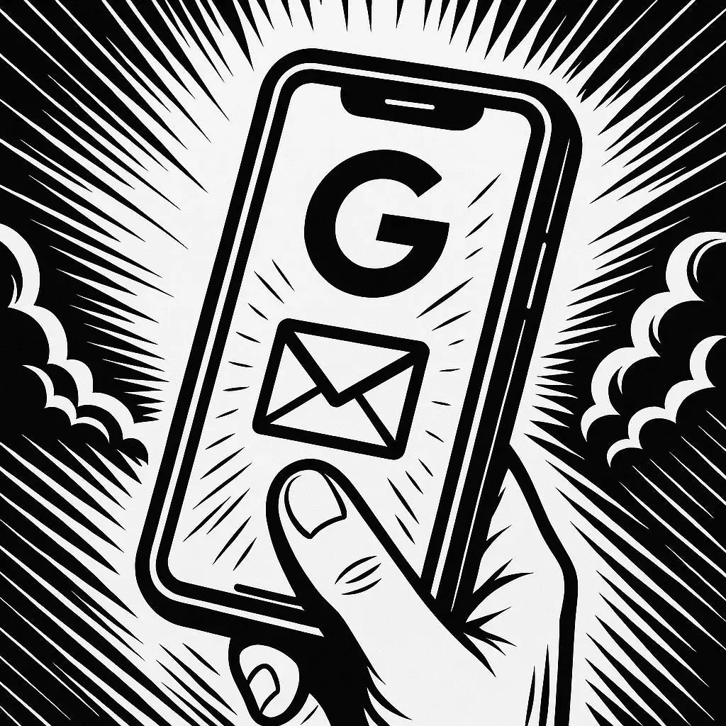 Hand hält Smartphone mit Google-G und Mail-Symbol im Display