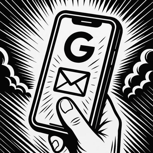 Hand hält Smartphone mit Google-G und Mail-Symbol im Display
