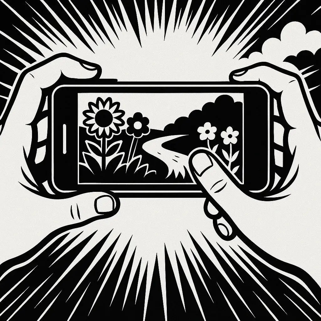 Beide Hände halten Smartphone, zeigen Naturfoto mit Blumen und Weg