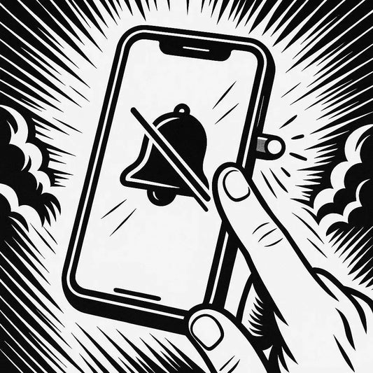 Hand schaltet Smartphone stumm, durchgestrichene Glocke im Display