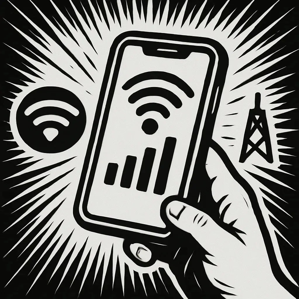 Hand hält Smartphone mit WLAN- und Mobilfunk-Signalsymbolen