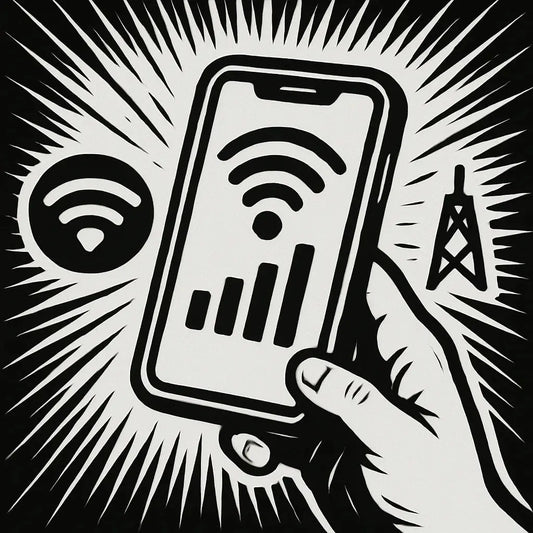 Hand hält Smartphone mit WLAN- und Mobilfunk-Signalsymbolen