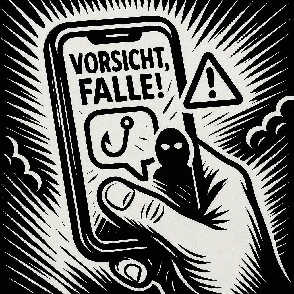 Hand hält Smartphone, Warnung vor Betrugs-SMS mit Phishing-Haken