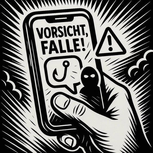 Hand hält Smartphone, Warnung vor Betrugs-SMS mit Phishing-Haken