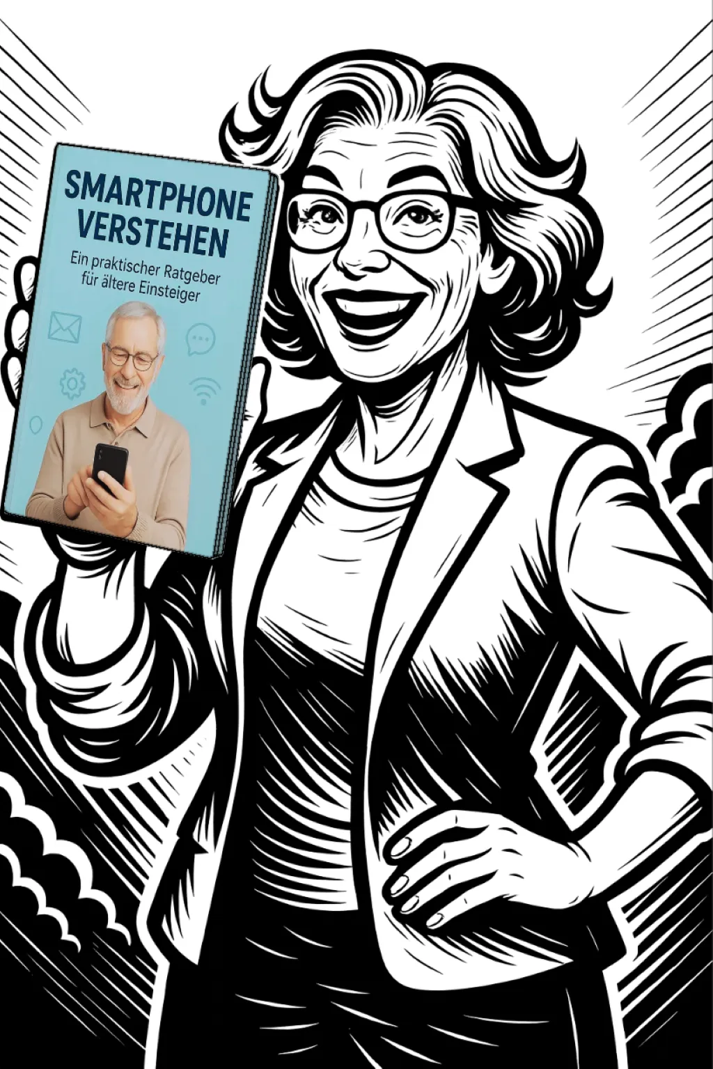 Illustration eines Seniors mit Smartphone, Schwarz-Weiß-Grafik, starker, selbstbewusster Auftritt