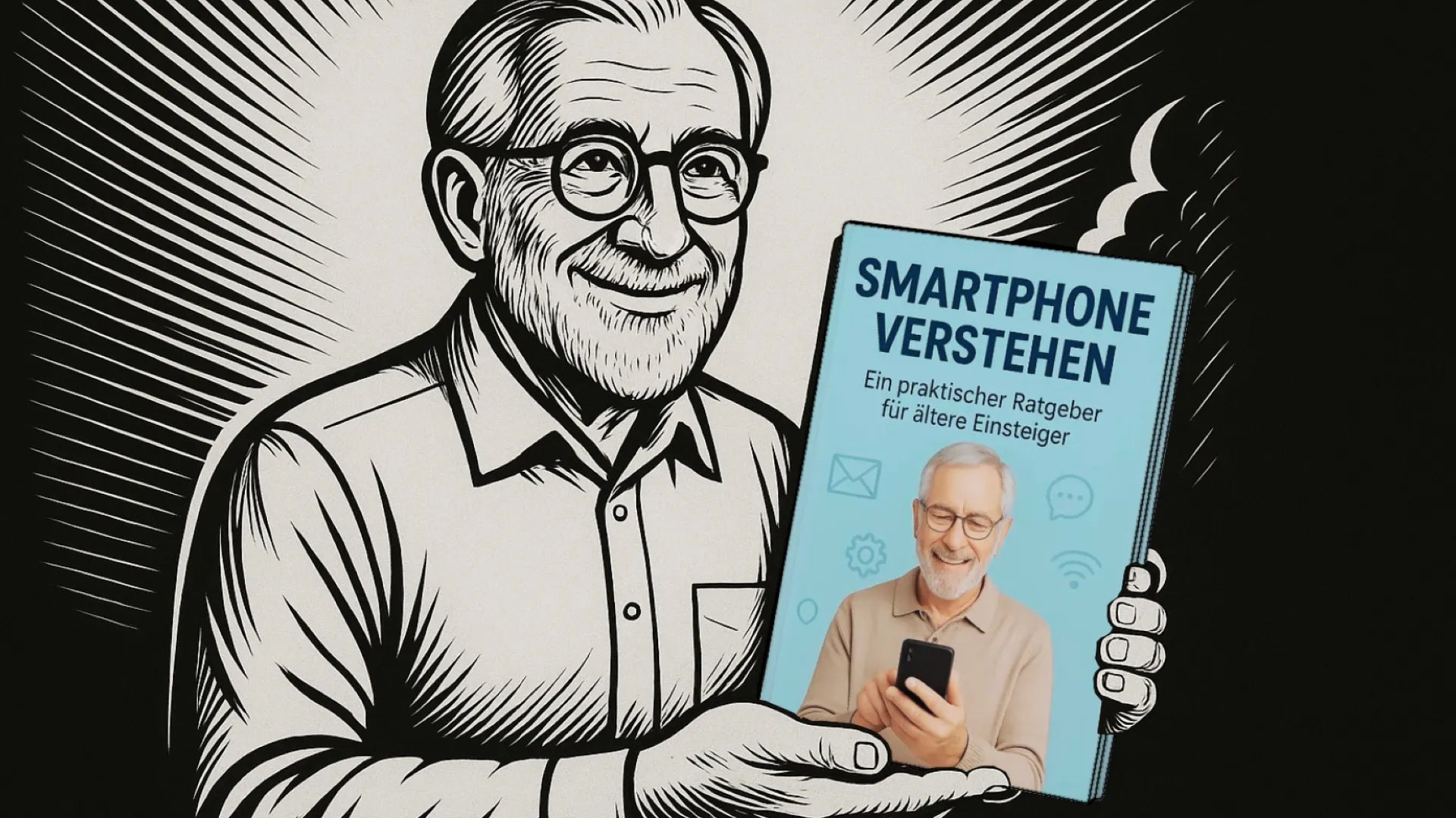 Illustration eines Seniors mit Smartphone, Schwarz-Weiß-Grafik, starker, selbstbewusster Auftritt